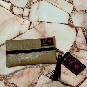Mini Makeup Junkie Gold Glitter Envelope Zipper Make up Vinyl Bag!